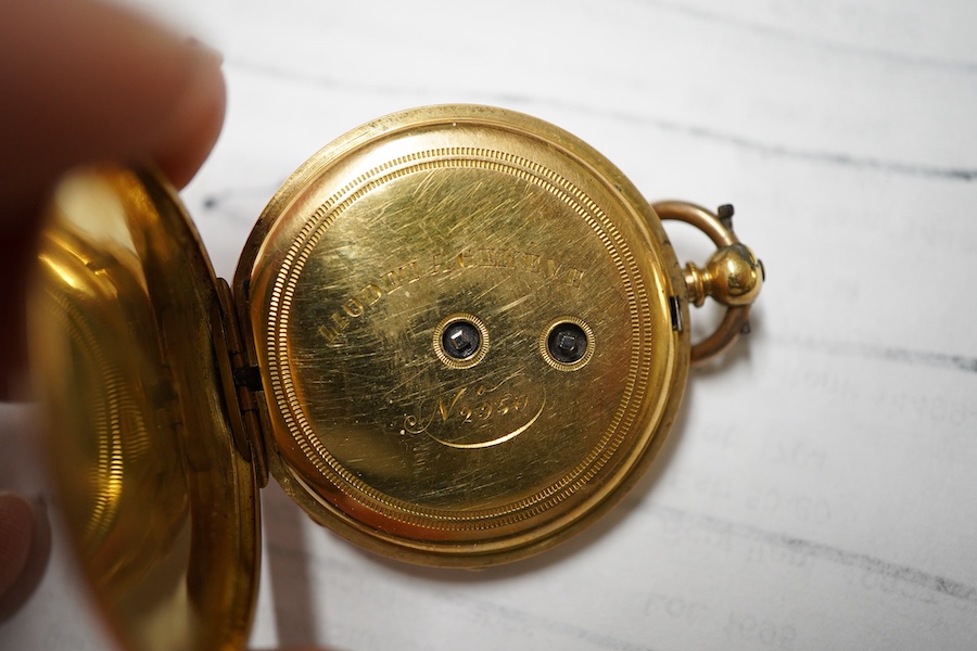 A lady's early 20th century continental 18k and enamel open faced keywind fob watch, with Roman dial, case diameter 30mm, gross weight 26 grams.